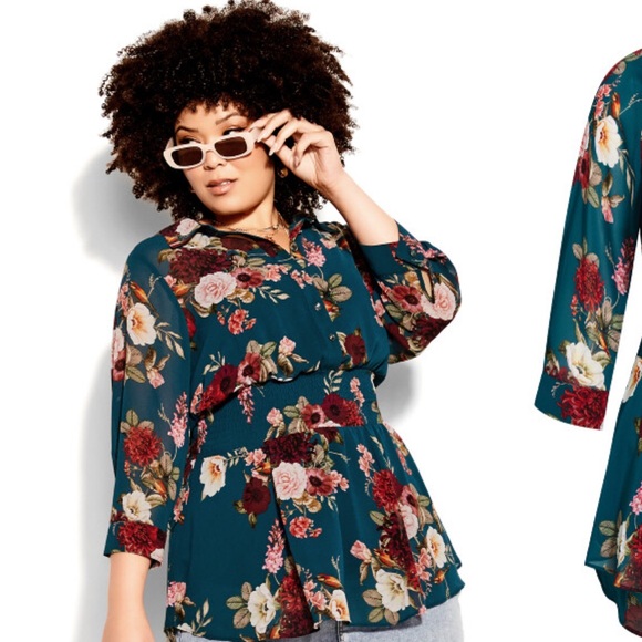 City Chic Floral Teal Blouse for Women - Picture 1 of 11